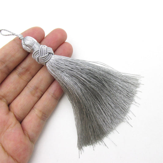 Metallic Tassel Knot Button Head Silver 10cm 8548