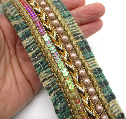 Thick Carpet Braid With Sequin, Pearl And Stitch Detail 50mm Wide 6142