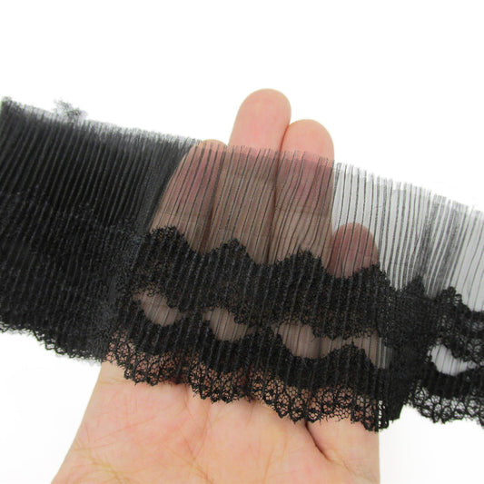 Pleated Lace Edge Trim - Black - 60mm - by the metre - 4488