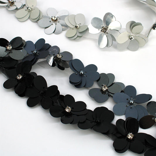 Large Sequin Flower Braid with Diamante - 30mm - by the metre - 9293