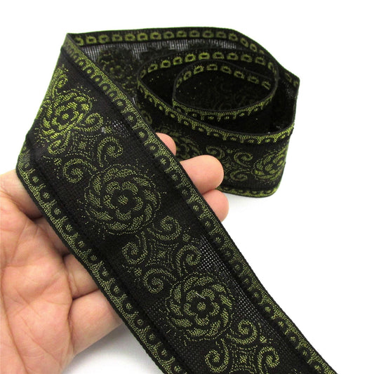 Braid With Fancy Flower Design Black Gold 50mm x1m - 6612