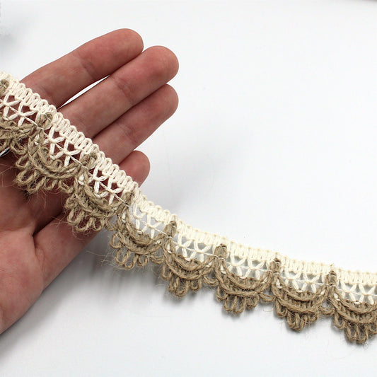 Cotton Lattice with Jute Van Dyke Loop Trim - Natural - 32mm - by the metre - 5588