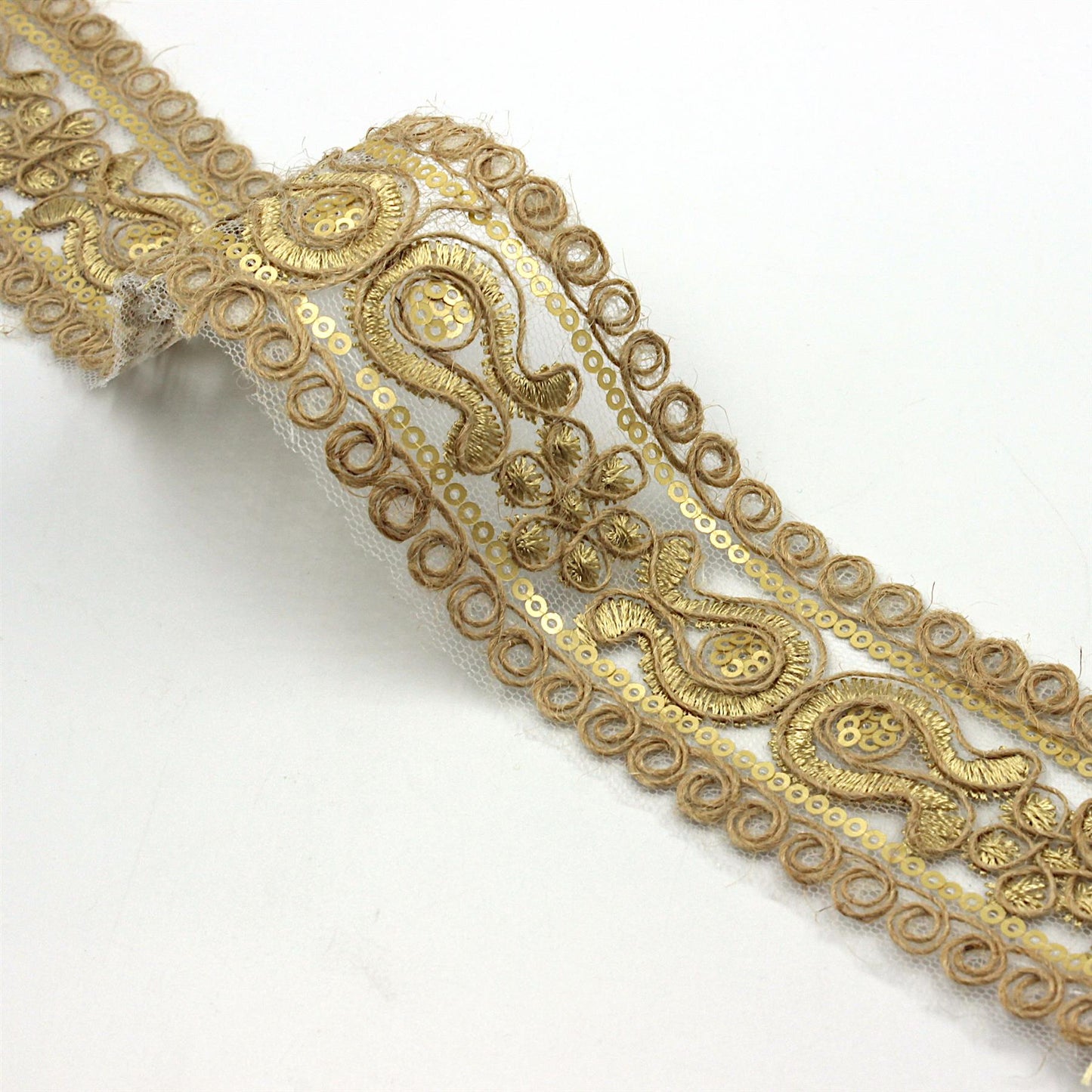 Embroidered Braid with Jute and Sequins - Natural - 46mm - by the metre - 5497