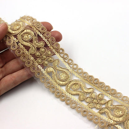 Embroidered Braid with Jute and Sequins - Natural - 46mm - by the metre - 5497