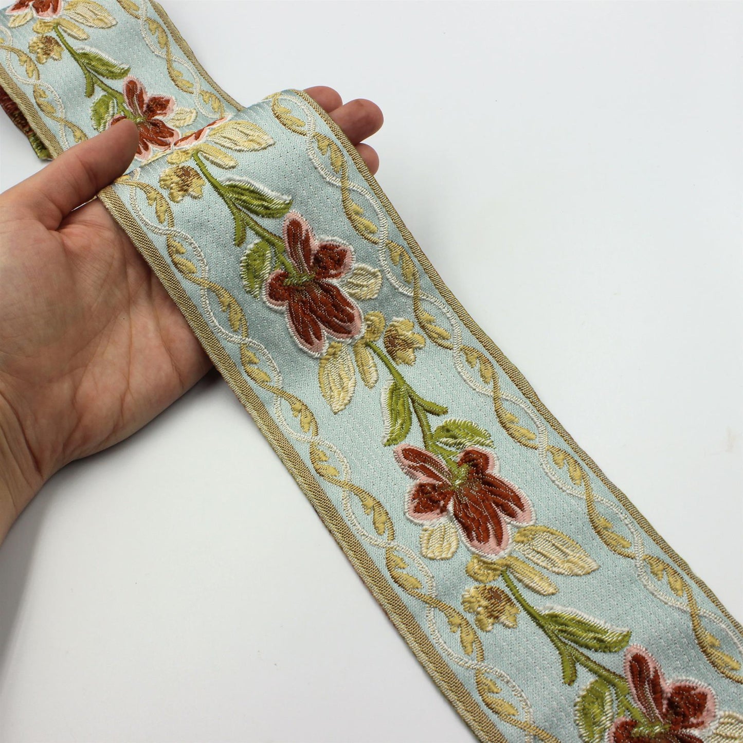 Floral Bordered Jacquard Braid - Blue Rust - 90mm - by the metre - 6189