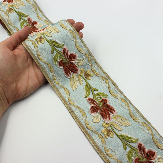 Floral Bordered Jacquard Braid - Blue Rust - 90mm - by the metre - 6189
