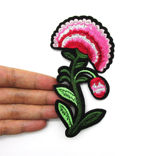 Embroidered Iron On Carnation Motif Pink 7x12cm 7565