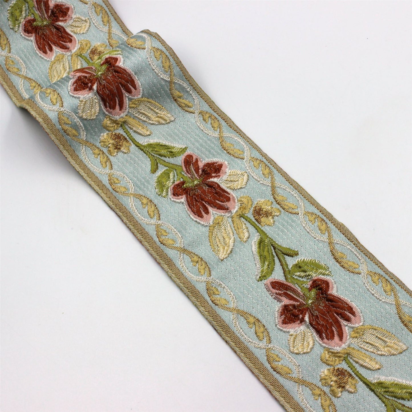 Floral Bordered Jacquard Braid Blue Rust 90mm x1m - 6189