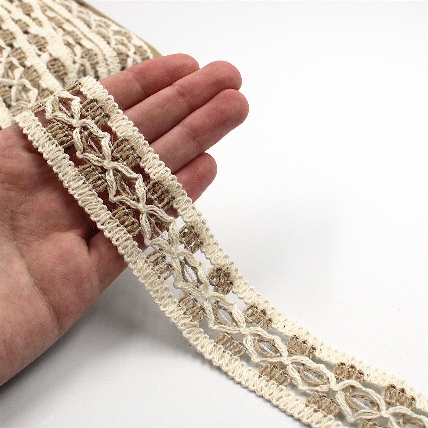 Jute and Cotton Open Weave Diamond Braid  - Natural - 34mm - by the metre - 5586