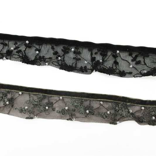 Beaded Lace on Velvet Ribbon - 35mm - by the metre - 5399