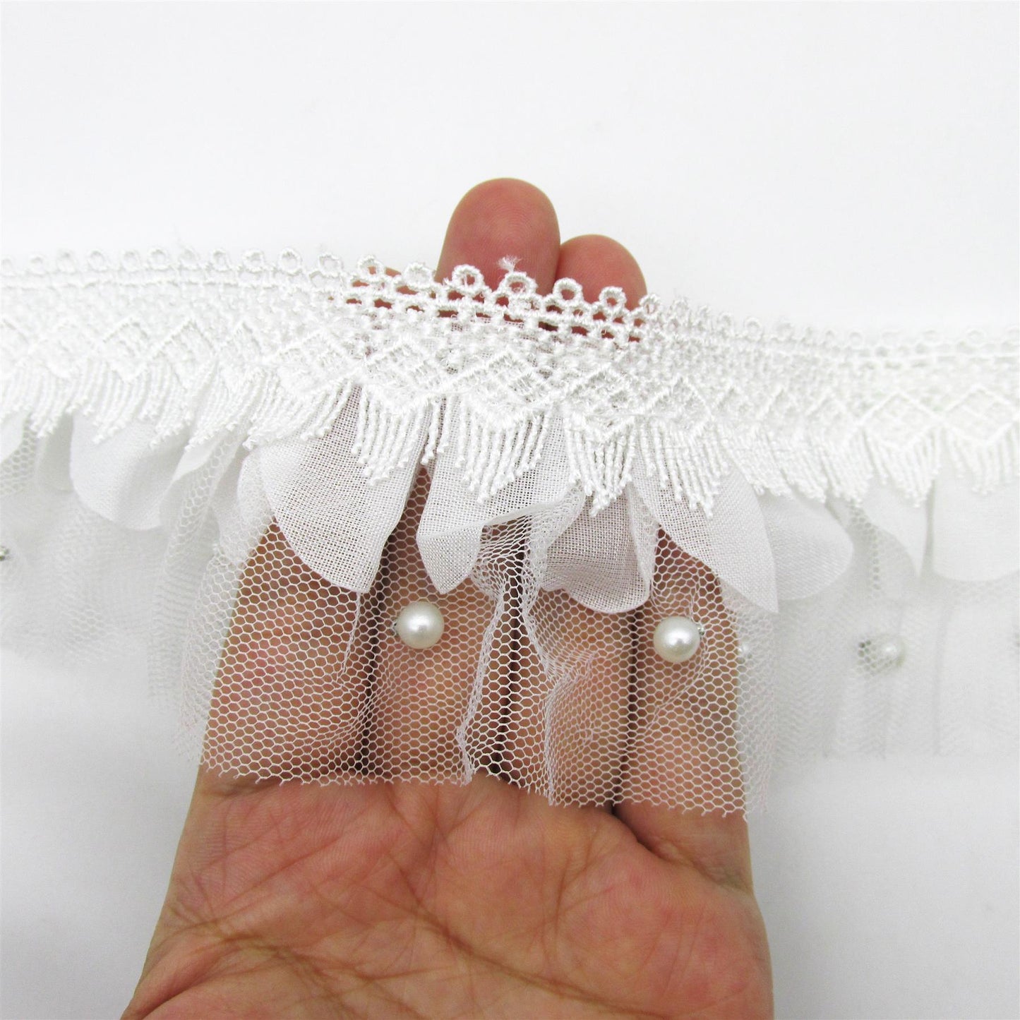 Lace with Gathered Net and Pearl Beads - 70mm - by the metre - 5420