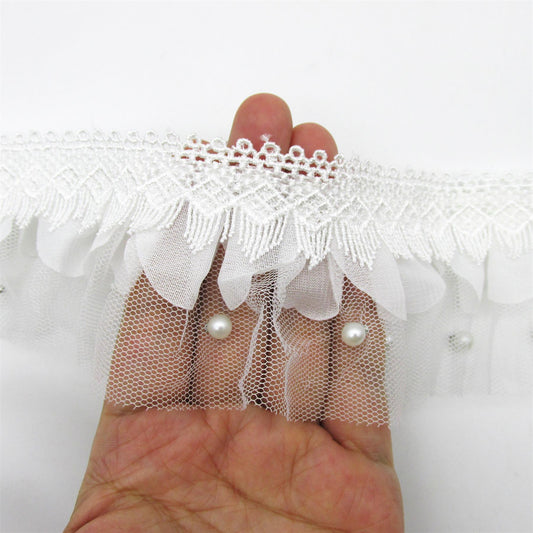 Lace with Gathered Net and Pearl Beads - 70mm - by the metre - 5420