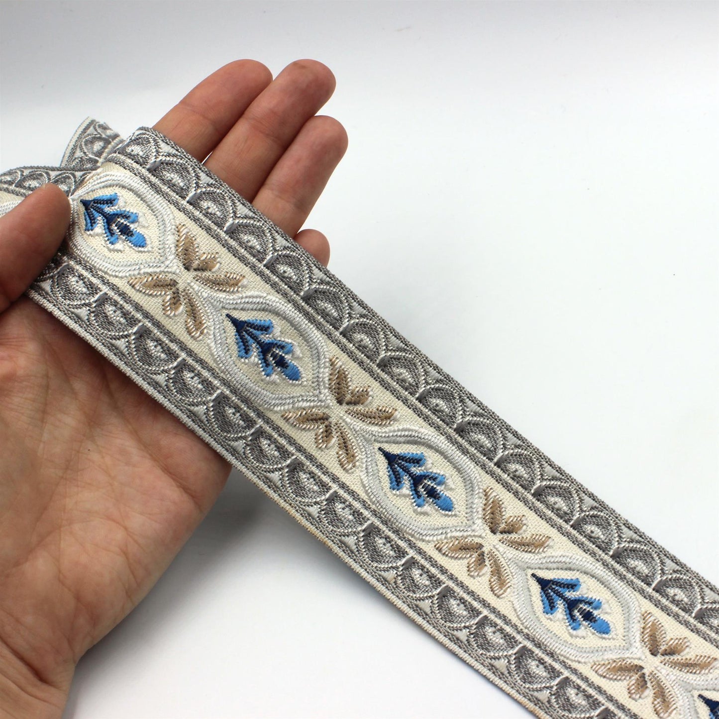 Floral Jacquard Braid - Grey Blue - 55mm - by the metre - 6162