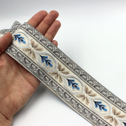 Floral Jacquard Braid - Grey Blue - 55mm - by the metre - 6162