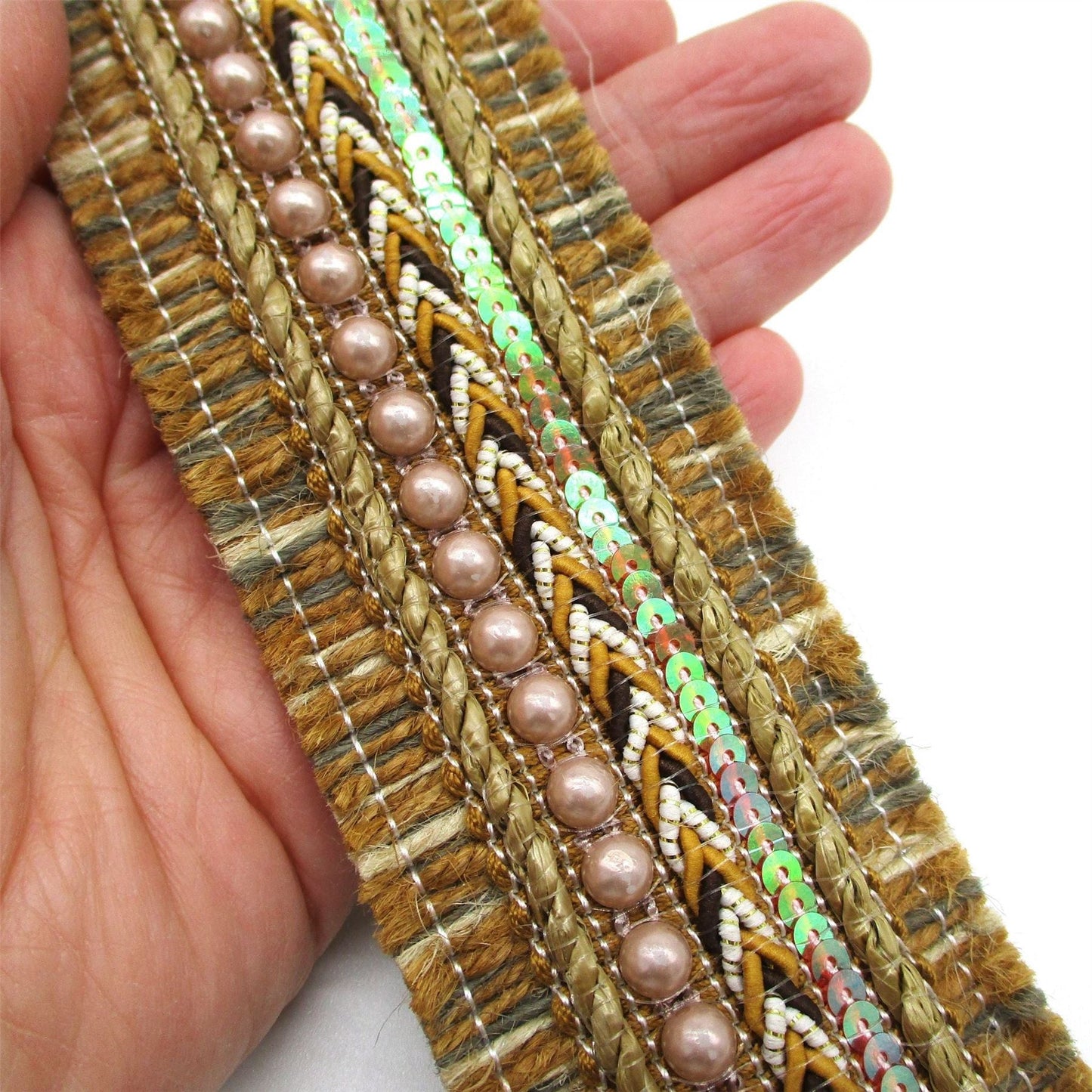 Thick Carpet Braid With Sequin, Pearl And Stitch Detail 50mm Wide 6142