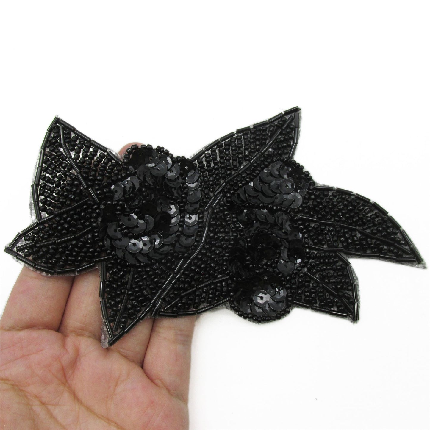 Beaded Motif with Sequin Flower - Black - 16cm - 9392