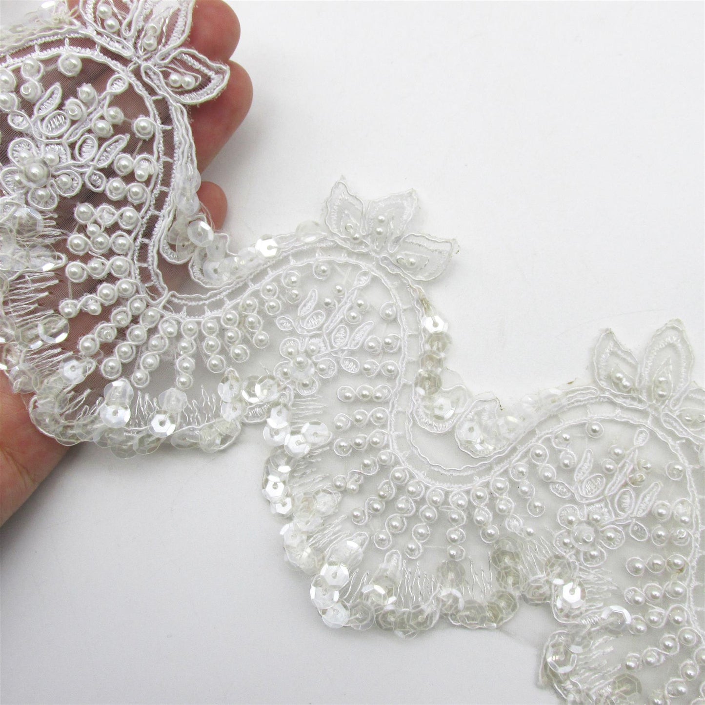 Lace with Beads and Sequins - White - 80mm - by the metre - 7248