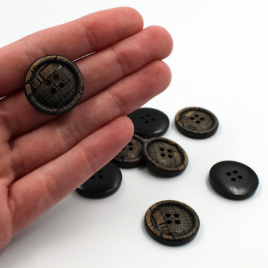 Geometric Wooden Button - Natural Black - 36L (23mm) x 5pcs - 5576
