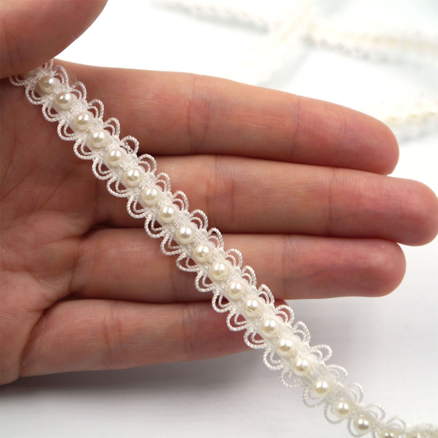 Stretch Picot Trim With Pearls Ivory 15mm x1m - 6532