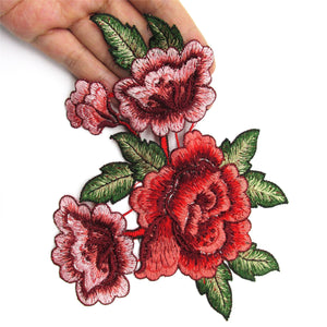 Embroidered Three Flower Motif RED 15cm 7563