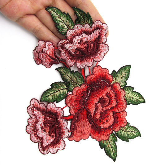 Embroidered Three Flower Motif Red 15cm 7563