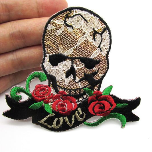Iron On Skull Motif Black Gold Red 9403
