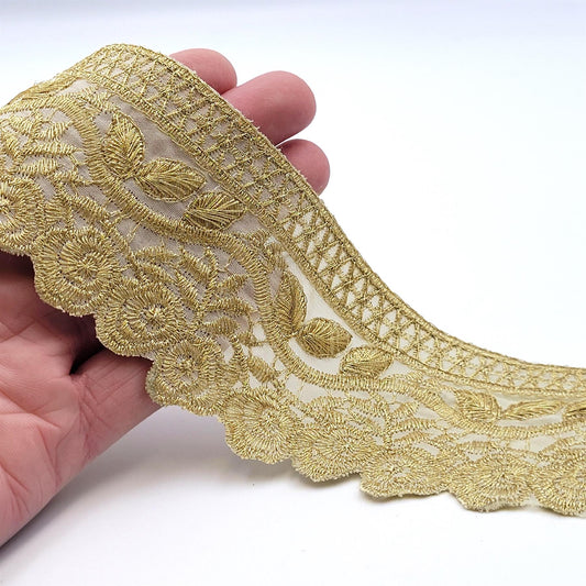 Metallic Embroidered Rose Trim Gold 6cm x 1m - 7612